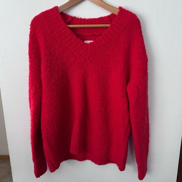 aerie red fuzzy v neck medium weight oversized sweater Size XS - Picture 1 of 7